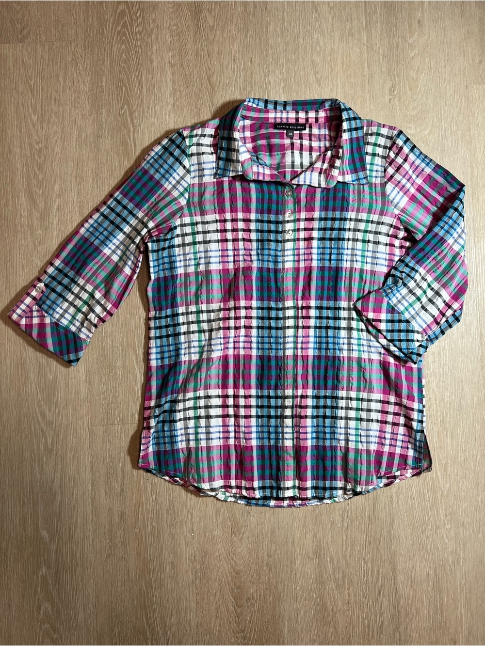 Y2K Plaid Button Up Chic Retro Crinkle Blouse Hidden Buttons Women's Size Large